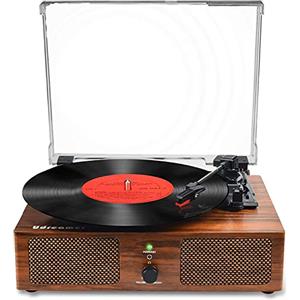 Udreamer Giradischi in vinile Bluetooth con altoparlanti integrati e trasmissione a cinghia USB, fonografo vintage, 3 velocità per intrattenimento e decorazione della casa (Marrone di legno)