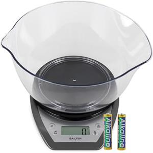 Salter, Bilancia da Cucina Digitale con Ciotola da 2 l e Beccuccio Doppio, Display LCD, Funzione Aggiungi e Pesa, Funzione Aquatronic, Bilancia con Capacità Max di 5 kg, 20 x 22 x 13 cm, Argento