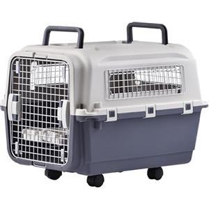 Lanco - Trasportino per cani di taglia grande in plastica portatile e traspirante. Per cani da compagnia. Materiale resistente. Misure 89x61x74 cm. Due maniglie. Colore grigio e bianco.
