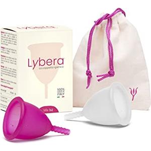 Lybera, Kit 2 Coppette Mestruali Made in Italy, Coppetta Mestruale Morbida, Sicura, in Silicone Medicale, Ecologica, Comoda, Taglia 2 x 2 Pezzi, Trasparente e Fucsia