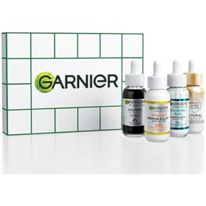 Garnier - Confezione regalo 4 sieri per il viso - Siero anti-macchia marrone vitamina C - Siero anti-punti neri e imperfezioni al carbone - Siero repellente ialuronico Aloe - Siero autoabbronzante