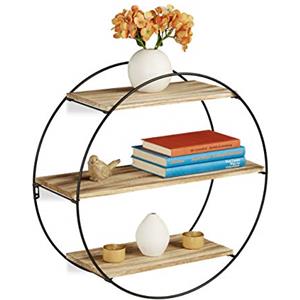 Relaxdays Mensole da Muro Design, Rotonda da Parete, Metallo & Legno, Vintage, 3 Ripiani, Libreria,Ø 50 cm,nero/naturale