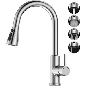 SREWOHS PRO Rubinetto Lavello Cucina, Miscelatore con Estraibile, 4 Modalità,Rotazione a 360°,Flessibile,Arco alto(187mm),Alta Pressione,1 foro,G3/8,Maniglia singola Acciaio inox Rubinetti,Nichel