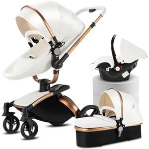 MoLi Pelle PU Passeggino Trio, Passeggino 3 in 1 con Sedile Convertibile 360°, Trio Passeggino Neonati con Grande Navicella, Carrozzina per Neonati in Alluminio Pieghevole Alta Paesaggio (906 White)