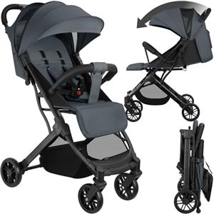 tectake® Passeggino Pieghevole, Passeggino Leggero con Cintura a 5 Punti Regolabile, Freno a Pedale, Tettuccio Pieghevole con Finestra, Ruote Girevoli, Passeggino per Bambini da 0 a 3 Anni - Antracite