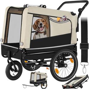 tectake® Carrello per Cani WoofRider, Multifunzionale con Bandierina di Segnalazione, Trasportino da Bicicletta, Jogger per Cani con Struttura Richiudibile, Inserti Mesh Traspiranti - Beige
