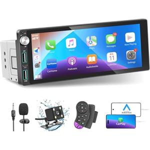 LSLYA Autoradio 1 DIN Bluetooth con CarPlay & Android Auto, con schermo 6,9 pollici Touchscreen Lettore, Mirror Link/RDS FM Radio/USB/Type-C/Microfono/Telecamera di backup/Supporto telecomando