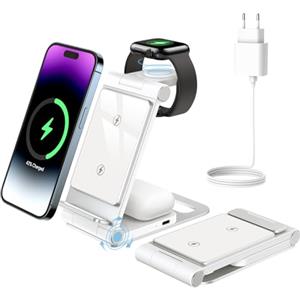 Bolvunes Caricatore Wireless per iPhone 3 in 1 Stazione Di Ricarica Supporto Pieghevole per iPhone 16/15/14/13/12/11/Pro/Max, per iWatch 10/9/8/7/6/SE/5/4, per Airpods Pro 2/3(Ricarica Wireless) Frost white