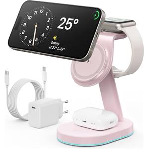 WOGPE 3 in 1 Caricatore Wireless Stazione, Certificato Qi2 15W Mag-safe Ricarica Rapida Caricabatterie Wireless Phone Charger Holder per iPhone 16/15/14/13/12 Serie, Apple Watch, Air-Pods ecc - Rosa