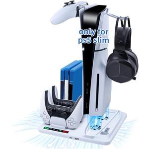 Wigearss Supporto Verticale PS5 Slim Raffreddamento con Doppio Caricatore Controller, Base di Ricarica Joystick PS5 con Ventola Raffreddamento per PS5 Slim Disc/Digital Edition, Non per PS5/PS5 Pro