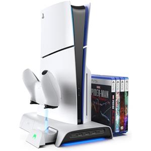 KIWI design D3 Supporto di Raffreddamento e Stazione di Carica PS5 Slim con Controller RGB, Caricatore per Controller PS5, Accessori PS5 Slim con Ventola di Raffreddamento a 2 Livelli