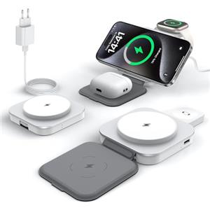 KEEPRO Caricatore Wireless per iPhone, 3 in 1 Stazione Ricarica Pieghevole per iPhone 16/15/14/13/12 Serie, per AirPods Pro/4/3/2 & Apple Watch (Adattatore Incluso)-Bianco