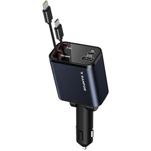 RAMPOW Caricabatterie Auto, 65W 4 in 1 Caricatore da auto Retrattile, con 2 Cavi USB C Retrattili, Carica Batteria per Auto, Caricatore iPhone auto per iPhone 16/15, Samsung S24/23, iPad - Blu Nero