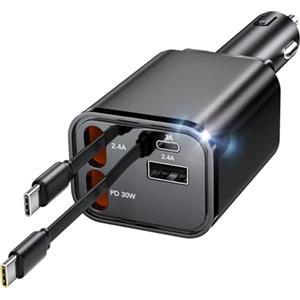 Aimtel Caricabatterie Auto Retrattile,Caricatore Rapido per Telefono da Auto,Doppio Cavo Retrattile di Tipo C e Adattatore per Caricatore Auto a 2 Porte USB compatibile con Galaxy,Piexl,iPhone 16/15