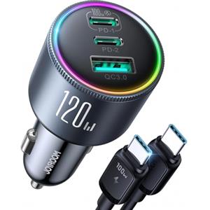JOYROOM 120W 3 Porte Carica Batteria per Auto con Cavo C-C 100W, [3 Chip] Caricatore Auto USB C, PD100W & QC3.0 Accendisigari Auto USB per iPhone16/15/Samsung S25/S24/Smartphone/iPad/MacBook/Laptop