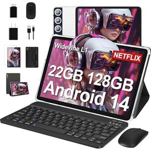 DMOAO Tablet Android 14 con 22GB RAM+128GB ROM(1TB TF), Tablet 10 Pollici con Widevine L1, Octa-Core 2.0GHZ, 5G Wi-Fi, GPS, 8000mAh, 8MP+5MP, Bluetooth 5.0, USB-C,con Tastiera, Argento