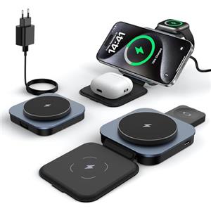 KEEPRO Caricatore Wireless per iPhone, 3 in 1 Stazione Ricarica Pieghevole per iPhone 16/15/14/13/12 Serie, per AirPods Pro/4/3/2 & Apple Watch (Adattatore Incluso)-Nero