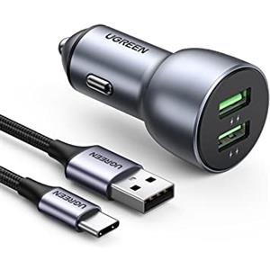 UGREEN Caricatore Auto 36W con 2 Porte Quick Charge 3.0, Caricabatterie Accendisigari in Lega di Alluminio Compatibile con iPhone 16,15,14,13 Plus Pro Max,Galaxy S24 S23,Xiaomi Redmi con Cavo USB C