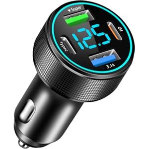 GemCoo 66W Caricatore Auto USB C, 4-porte Accendisigari USB C con ricarica rapida QC3.0 e PD30W, Caricatore Auto Accendisigari con voltmetro a LED per iPhone16/15/14/13/12, Samsung Galaxy, iPad