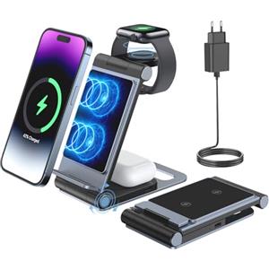 Bolvunes Caricatore Wireless per iPhone 3 in 1 Stazione Di Ricarica Supporto Pieghevole per iPhone 16/15/14/13/12/11/Pro/Max, per iWatch 10/9/8/7/6/SE/5/4, per Airpods Pro 2/3(Ricarica Wireless) Grey Blue