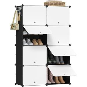 WOLTU Scarpiera da Ingresso, Porta Scarpe con 8 Scomparti, Scarpiera Modulare per 32 Paia di Scarpe, Contenitore per Scarpe con Porte, in Plastica e Metallo, Bianco + Nero, 35x35x45cm/Scomparto