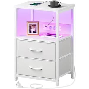 Rolanstar Comodini con Prese e Porte USB, Set da 1, Tavolini Camera da Letto con Luci LED, 2 Cassetti in Tessuto e 3 Ripiani, Comodini con Stazione di Ricarica per Camera da Letto, Bianco