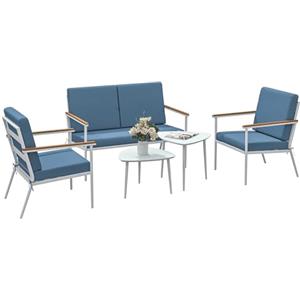 Outsunny Set Salotto da Giardino da 5 Pezzi, con Divanetto da Esterno a 2 Posti, 2 Poltrone, 2 Tavolo da Caffè con Piano in Vetro e Cuscini Sfoderabili, Set di Mobili per Terrazza e Patio, Azzurro