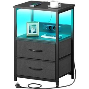 Rolanstar Comodini con Prese e Porte USB, Set da 1, Tavolini Camera da Letto con Luci LED, 2 Cassetti in Tessuto e 3 Ripiani, Comodini con Stazione di Ricarica per Camera da Letto
