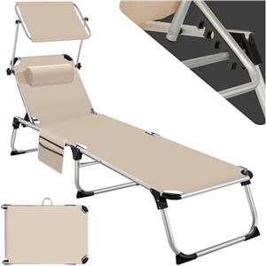 TecTake® Lettino Prendisole Pieghevole, Telaio in Alluminio, Schienale Regolabile in 6 Posizioni, Lettino Sdraio con Tetto Parasole e Comodo Cuscino, Ideale per Giardino e Campeggio - Beige