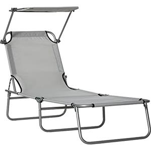 Outsunny Sdraio da Giardino con Tettuccio Regolabile, Lettino Prendisole Pieghevole Reclinabile a 4 Livelli, Grigio Chiaro