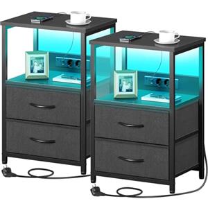 Rolanstar Comodini con Prese e Porte USB, Set da 2, Tavolini Camera da Letto con Luci LED, 2 Cassetti in Tessuto e 3 Ripiani, Comodini con Stazione di Ricarica per Camera da Letto, nero x2