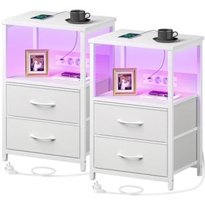 Rolanstar Comodini con Prese e Porte USB, Set da 2, Tavolini Camera da Letto con Luci LED, 2 Cassetti in Tessuto e 3 Ripiani, Comodini con Stazione di Ricarica per Camera da Letto, Bianco x2