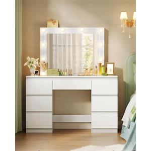 WOLTU Toeletta da Trucco con Specchio e Luci LED, Luminosità Regolabile, Tavolo da Trucco con 7 Cassetti, Postazione Make Up 110x39,5x140,5cm, Cassettiera in Legno, Bianco, MB6099ws