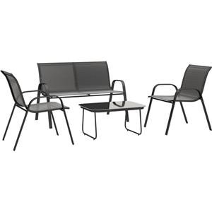 Outsunny Set Salotto da Giardino da 4 Pezzi, con Divanetto da Esterno a 2 Posti, 2 Sedie Impilabili e Tavolo da Caffè con Piano in Vetro, Set di Mobili in Acciaio, Texteline per Terrazza e Patio, Nero