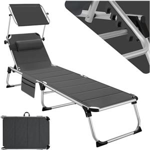 TecTake® Sdraio da Mare, Sdraio da Spiaggia Pieghevole con Parasole, Sdraio da Giardino con Schienale Regolabile in 6 Posizioni, Cuscino Poggiatesta Removibile e Tasca Laterale - Grigio