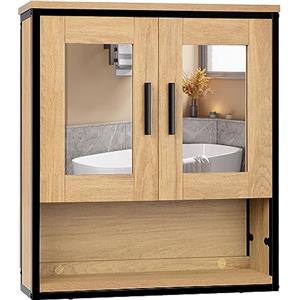 EUGAD Mobiletto per Bagno Salvaspazio, Armadietto da Bagno con Specchio, Pensile da Bagno Sospeso con Mensola, Ripiano Regolabile, 2 Ante con Maniglia, Rovere Chiaro+Nero