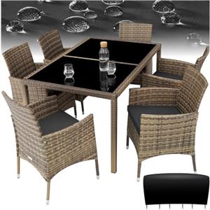 TecTake® Set da Giardino in polyrattan, 6 Sedie, 1 Tavolo, Molto Pratico, Sedie con Piedini in plastica Anti-graffio, Salotto da Giardino Esterno, Tavolo da Giardino Con Sedie - Naturale/Grigio Scuro