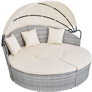 TecTake® Letto Isola Alluminio Rattan, Sdraio Prendisole Giardino, Divano con Tettuccio Parasole Apribile, Divano da Esterno con Imbottitura, Sdraio da Esterno - Grigio Chiaro