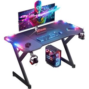 HLFURNIEU Scrivania da Gaming con LED, 120 x 60 cm, Scrivania da Gioco Ergonomica, PC con Tappetino per Mouse, Supporto per Cuffie e Porta Bevande, Tavolo Nero