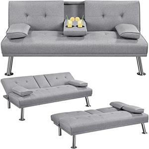 Yaheetech Divano Letto con 2 Braccioli Staccabili Divano Trasformabile Mobile Imbottito a 3 Posti Divanetto Reclinabile da Salotto con Supporto Centrale Porta Bicchieri Grigio Chiaro/Tessuto