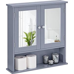 Yaheetech Armadietto da Bagno a Muro Mobile Pesile a Specchio Mobiletto Specchiera Sospeso Mobile da Parete con 2 Ante Salvaspazio Grigio 56 × 13 × 58 cm