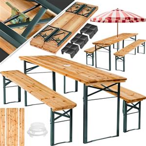 tectake® Set da Birra, 3 Pezzi, Tavolo e Panche, Montaggio Rapido, Mobili da Giardino in Acciaio e Legno Idrorepellente, Tavolo Pieghevole - Set da Birra con Supporto Ombrellone, Tavolo 170x23x47,5 cm