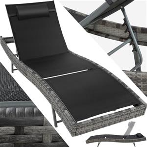 TecTake® Lettino Prendisole da Giardino in Rattan, Lettino Sdraio con Schienale Regolabile in 5 Posizioni, Lettino Giardino Antiscivolo, Alta Stabilità, Poggiatesta Incluso - Grigio Scuro