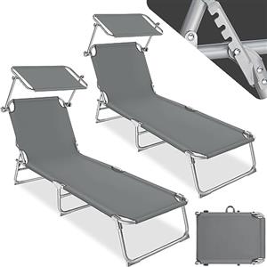 TecTake® 2 x Lettino, Lettino Pieghevole, Sedia a Sdraio per prendere il Sole, Sdraio da Giardino con Ombrello Parasole 190cm, Lettini prendisole pieghevoli - Grigio