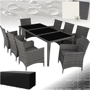 TecTake® Set Mobili da Giardino, Set Sedie da 8 e Tavolo da Giardino con Piano in Vetro, Regolabile, Cuscini, 2 Set Rivestimenti, Copertura, Set in Rattan da Esterno - Grigio