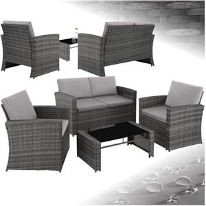TecTake® Salottino in Rattan, 2 Poltrone, Divano, Tavolo Piano in Vetro Rimovibile, Cuscini Comodi, Viti in Acciaio Inox, Salottino da Giardino Esterno, Salotto Esterno - Grigio/Grigio Chiaro