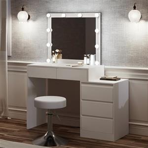 WOLTU Toiletta Trucco con Specchio e Sgabello, Illuminazione Led Dimmerabile, Sgabello Regolabile in Altezza, Postazione Trucco con 5 Cassetti, Cassettiera, Scrivania Trucco Bianco, MB6116ws