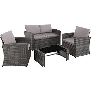 TecTake® Salottino in Rattan, 2 Poltrone, Divano, Tavolo Piano in Vetro Rimovibile, Cuscini Comodi, Viti in Acciaio Inox, Salottino da Giardino Esterno, Salotto Esterno - Grigio