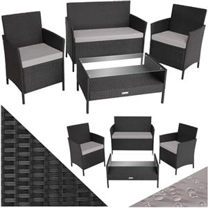 TecTake® Set di Mobili da Giardino in Polyrattan, 1 Tavolino Salotto con Piano in Vetro, 1 Panca, Set Sedie con Cuscini, Rivestimenti Sfoderabili, Telaio in Acciaio - Nero/Grigio