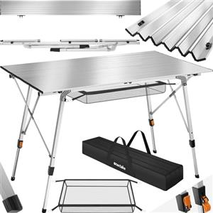 TecTake® Tavolo da Campeggio in Alluminio Pieghevole Bastian, Regolabile in Altezza, Tavolo, Alluminio, Tavolo Richiudibile, Rete Portaoggetti, Tavolo Pieghevole Campeggio - Argento